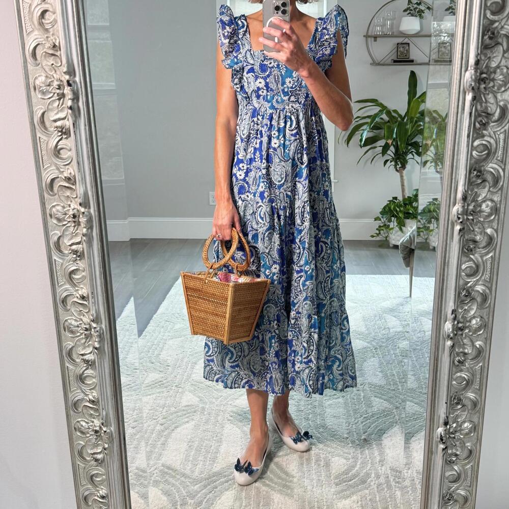MNG | MANGO Blue Paisley Print Midi Dress | Ruffle Sleeves Size 2